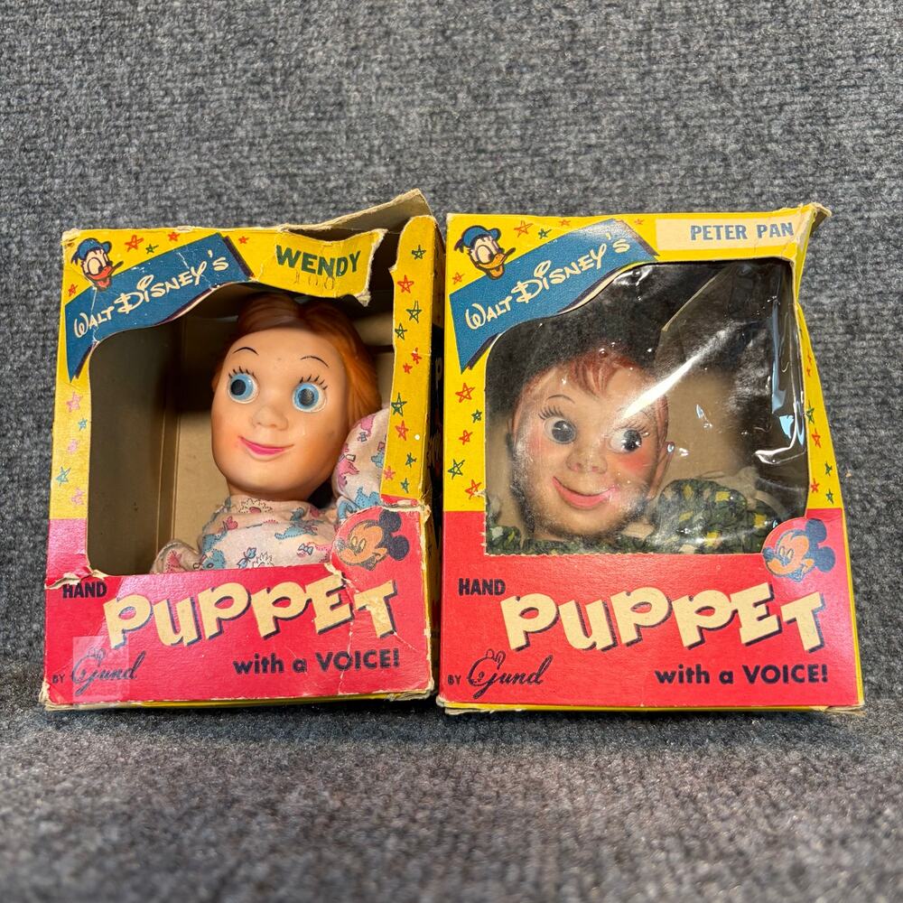 Vintage Gund Walt Disney Peter Pan & Wendy Hand Puppets Boxed Pair Squeaker